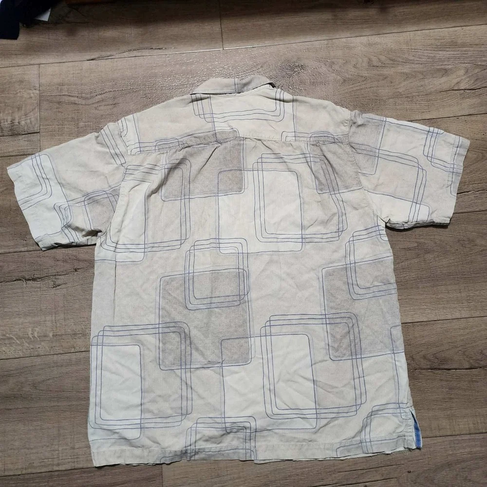 Tommy Bahama Men Large 100% Silk Short Sleeve Button Down Shirt Geometric Square